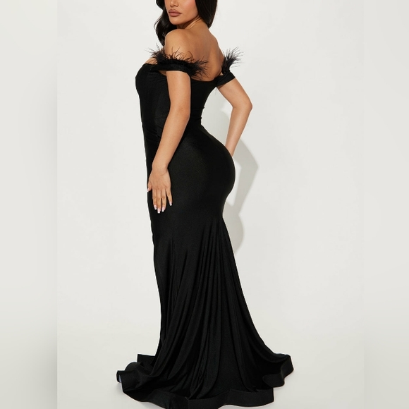 Black or blue fitted long off the shoulder feather detail gown with leg slit. - Picture 5 of 7